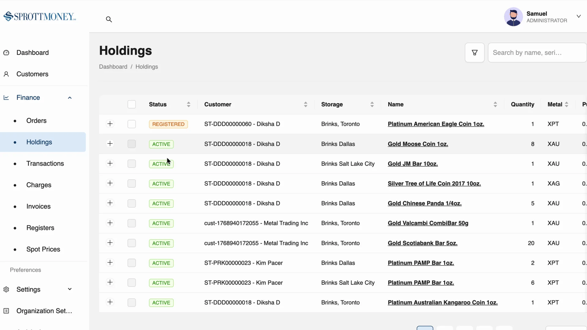 Approved Sprott Money back-office holdings view with operational records.